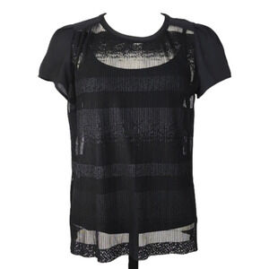 RW&CO Women's Black Sheer Lace Top Subtle Stripes Capped Short Sleeves Sz  Small